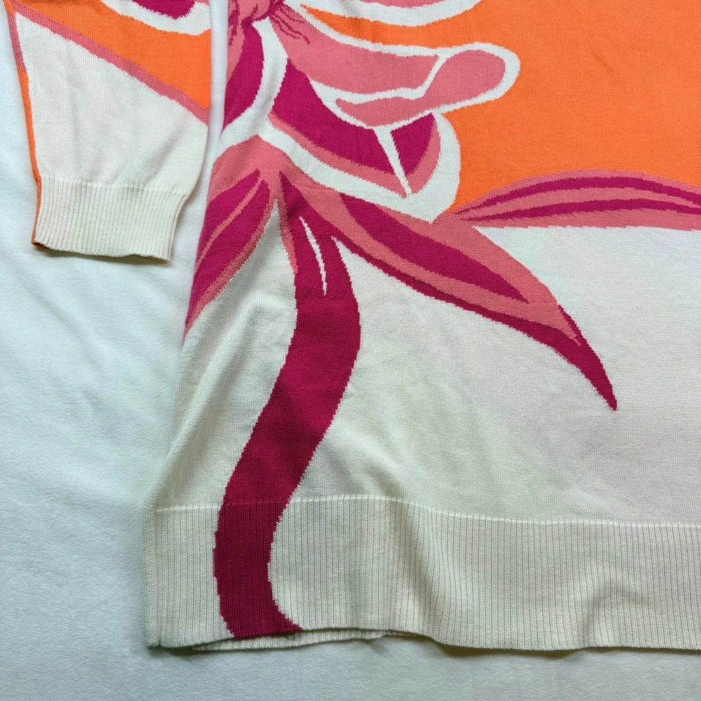 Chicos Orange Pink Floral‎ Intarsia Cotton Lyocell Knit Sweater Top Size 2